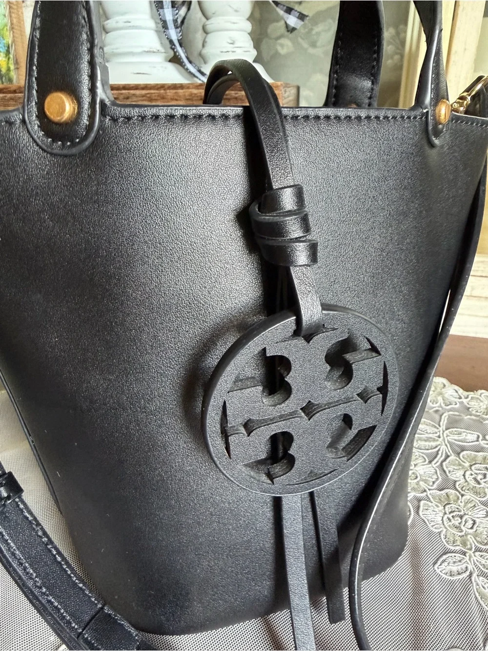Tory Burch Black Leather Mini Miller Bucket Bag with Crossbody Strap